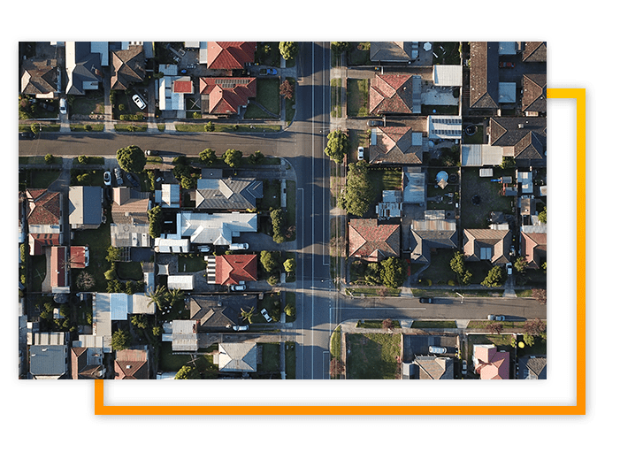 Aerial view of a neighborhood of houses